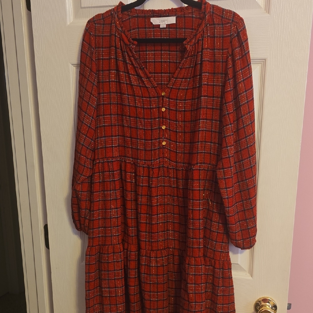 LOFT Red Plaid‎ Long Sleeve Dress